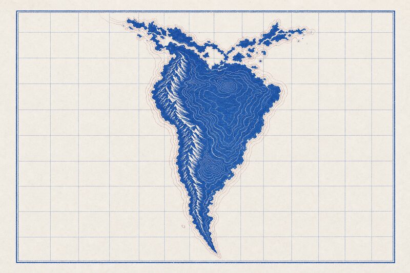 Trazado esquemático de América Latina, con bandas de nivel sobre el interior.