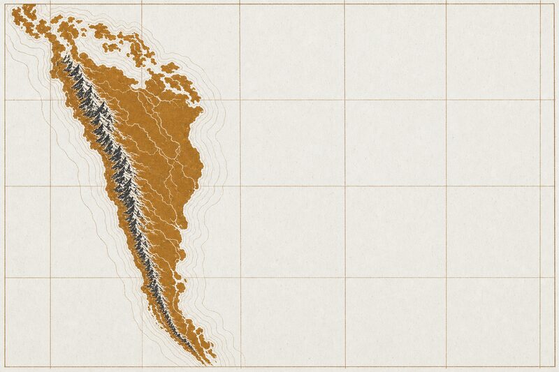Esquema del canal de Panamá dibujado en ocre oscuro, con anillos batimétricos frente a la costa.
