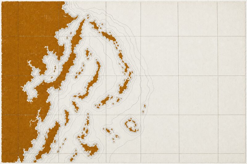 Lámina de trazado abstracto de Corea del Sur, con anillos batimétricos frente a la costa.