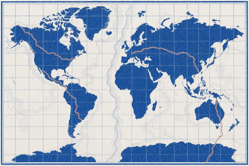 Esquema de los cortes de internet en el mundo dibujado en cobalto, con una frontera discontinua que lo atraviesa.