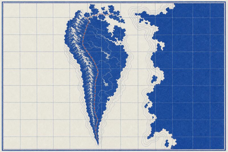 Lámina de trazado abstracto de Cuba, con una frontera discontinua que lo atraviesa.
