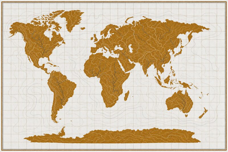 Esquema del equilibrio de poder mundial dibujado en ocre oscuro, con una red de ríos que converge tierra adentro.