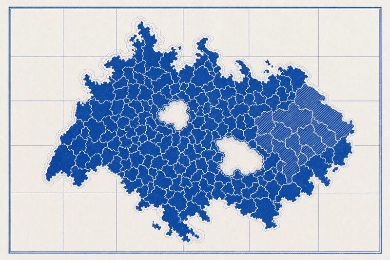 Esquema de la Unión Europea y su vecindad dibujado en cobalto, con una trama diagonal sobre parte del territorio.