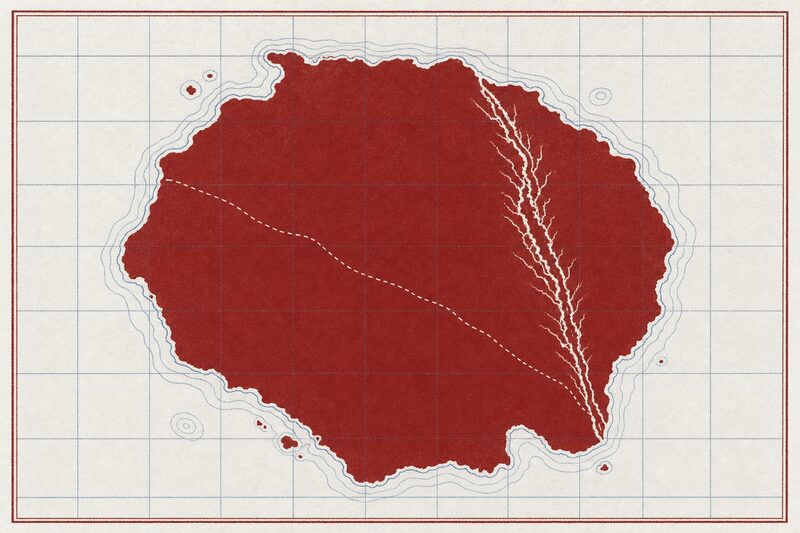 Esquema de África dibujado en rojo óxido, con una frontera discontinua que lo atraviesa.