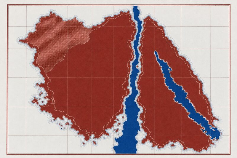 Trazado esquemático del Magreb y Oriente Medio, con una trama diagonal sobre parte del territorio.