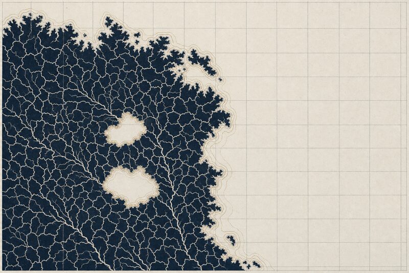 Dibujo esquemático del mar del Norte en tinta casi negra: una red de ríos que converge tierra adentro.