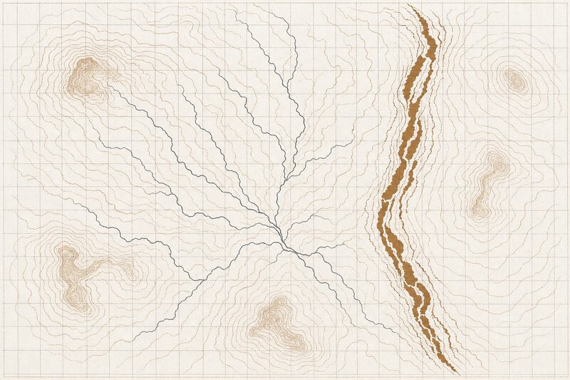 Dibujo esquemático de Sudán del Sur en ocre oscuro: una red de ríos que converge tierra adentro.
