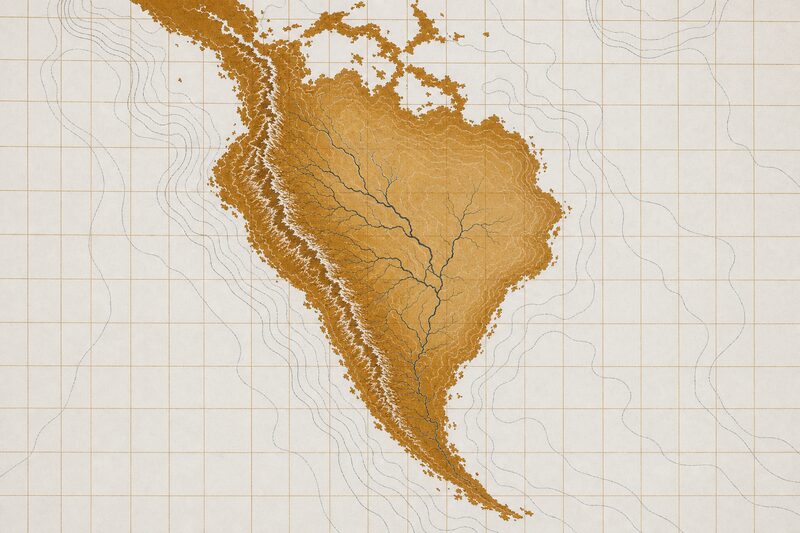 Trazado esquemático de México, con una red de ríos que converge tierra adentro.
