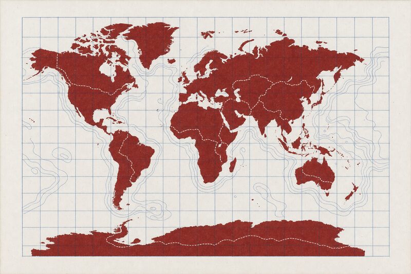 Dibujo esquemático del control de armas en el mundo en rojo óxido: una frontera discontinua que lo atraviesa.
