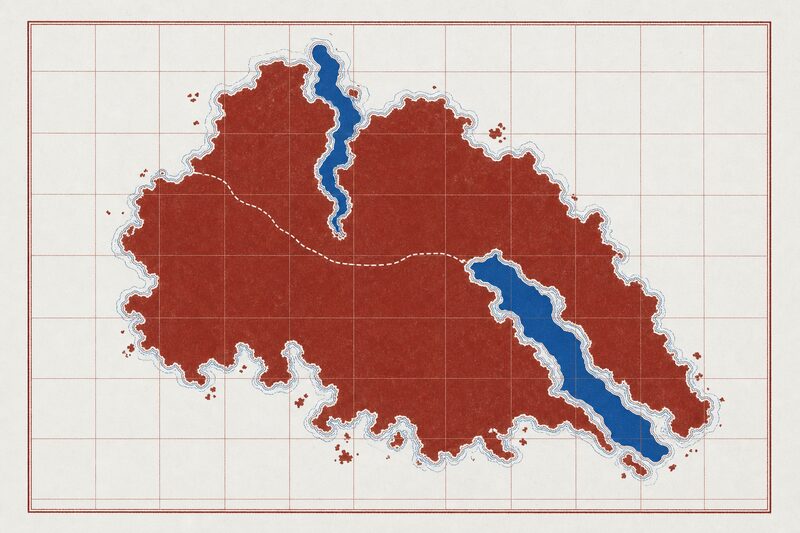 Esquema de la red regional de Irán dibujado en rojo óxido, con una frontera discontinua que lo atraviesa.