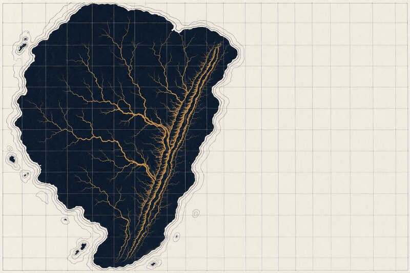 Lámina esquemática del Sahel y el Magreb, con una red de ríos que converge tierra adentro.