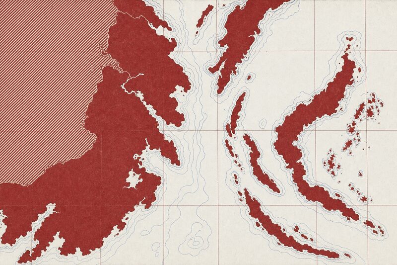 Esquema de Asia y sus regiones dibujado en rojo óxido, con una trama diagonal sobre parte del territorio.