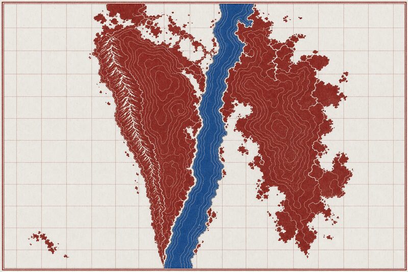 Lámina de trazado abstracto del canal de Panamá, con bandas de nivel sobre el interior.