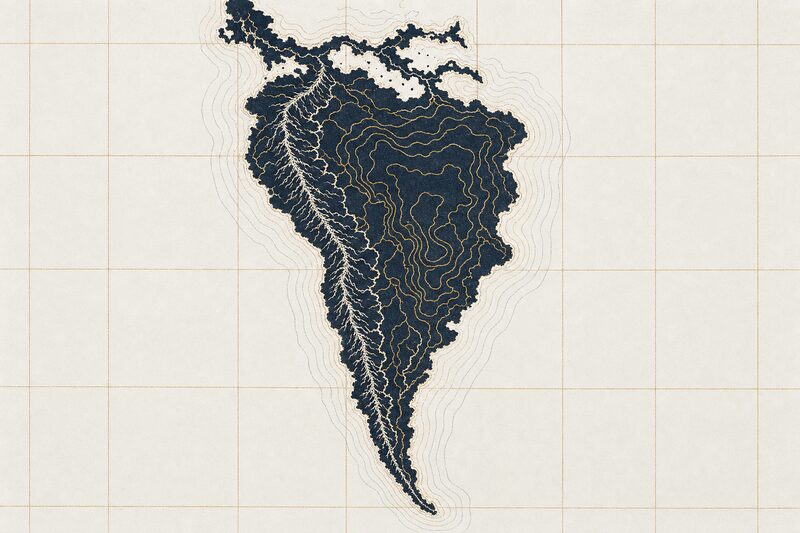 Trazado esquemático de América Latina, con anillos batimétricos frente a la costa.