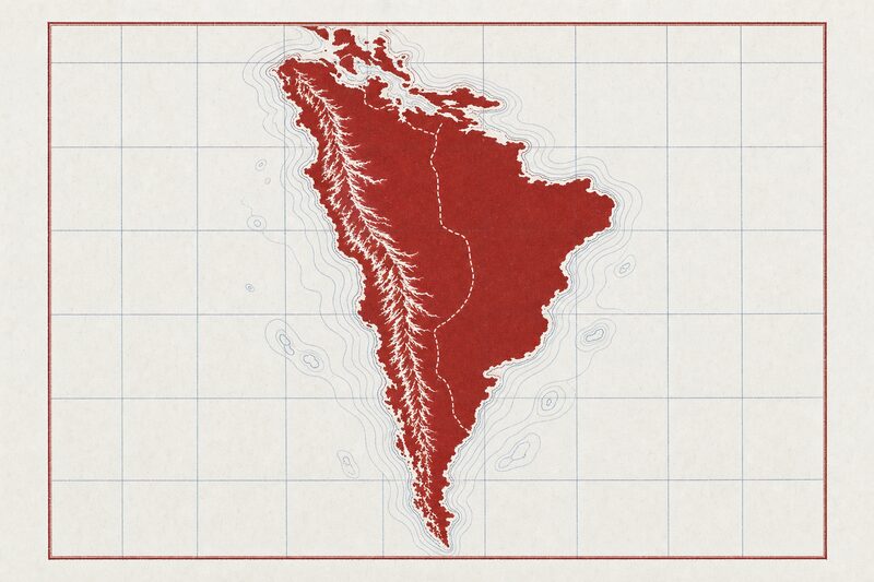 Lámina de trazado abstracto de las rutas del narcotráfico, con una frontera discontinua que lo atraviesa.