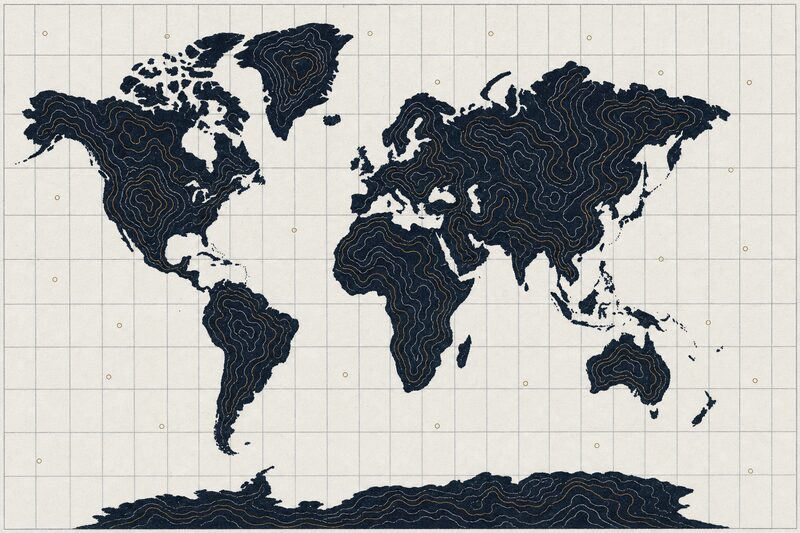 Dibujo esquemático del mapa político del mundo en tinta casi negra: pequeños anillos dispersos y sin rótulo.