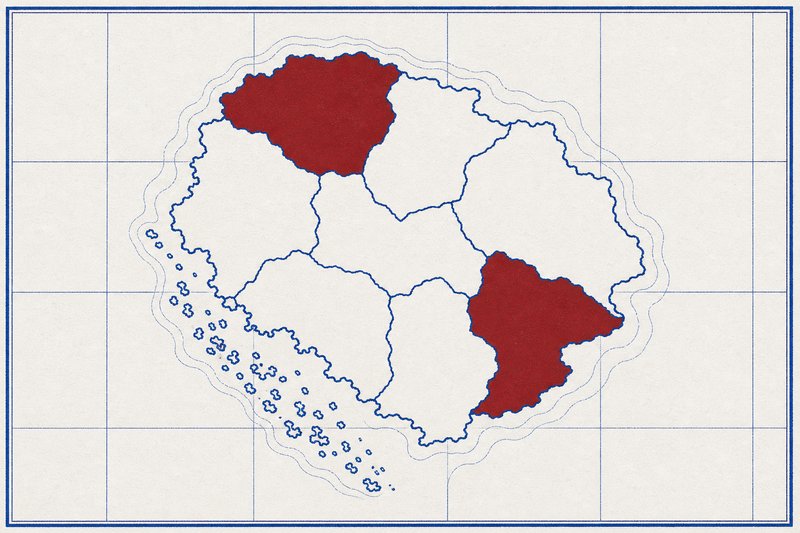 Lámina esquemática de la antigua Yugoslavia, subdividida en siete celdas por líneas de frontera.